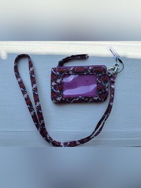 Vera Bradley Purple Floral Lanyard ID Wallet with Zipper Pocket